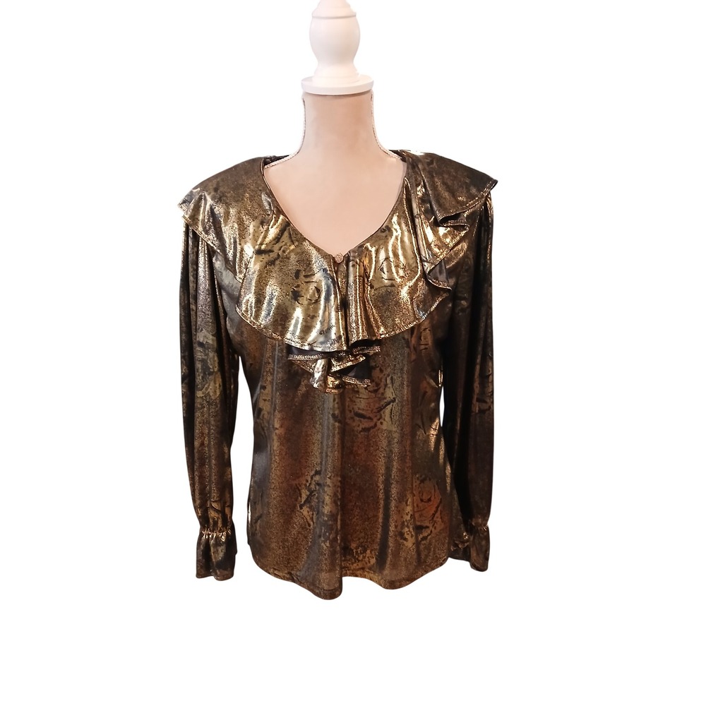 Vtg Metallic Gold Black Dark Floral Ruffle V-Neck Blouse Long Sleeve M Steampunk